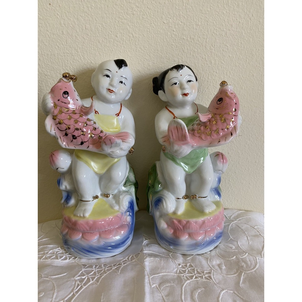 Set Feng Shui Wealth Prosperity Ying/Yang  Boy Girl GoldFish/Lotus Flower Statue